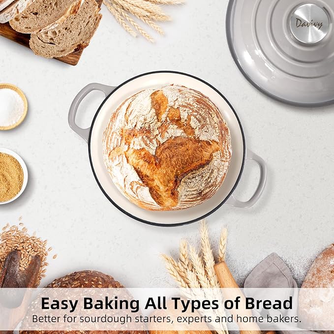 Davivy 5.5QT Cast Iron Dutch Oven with Lid, Bread Dutch Oven for Sourdough Bread, 10" Round Sourdough Bread Baking Pan, Enameled Cast Iron Bread Oven - Light Grey