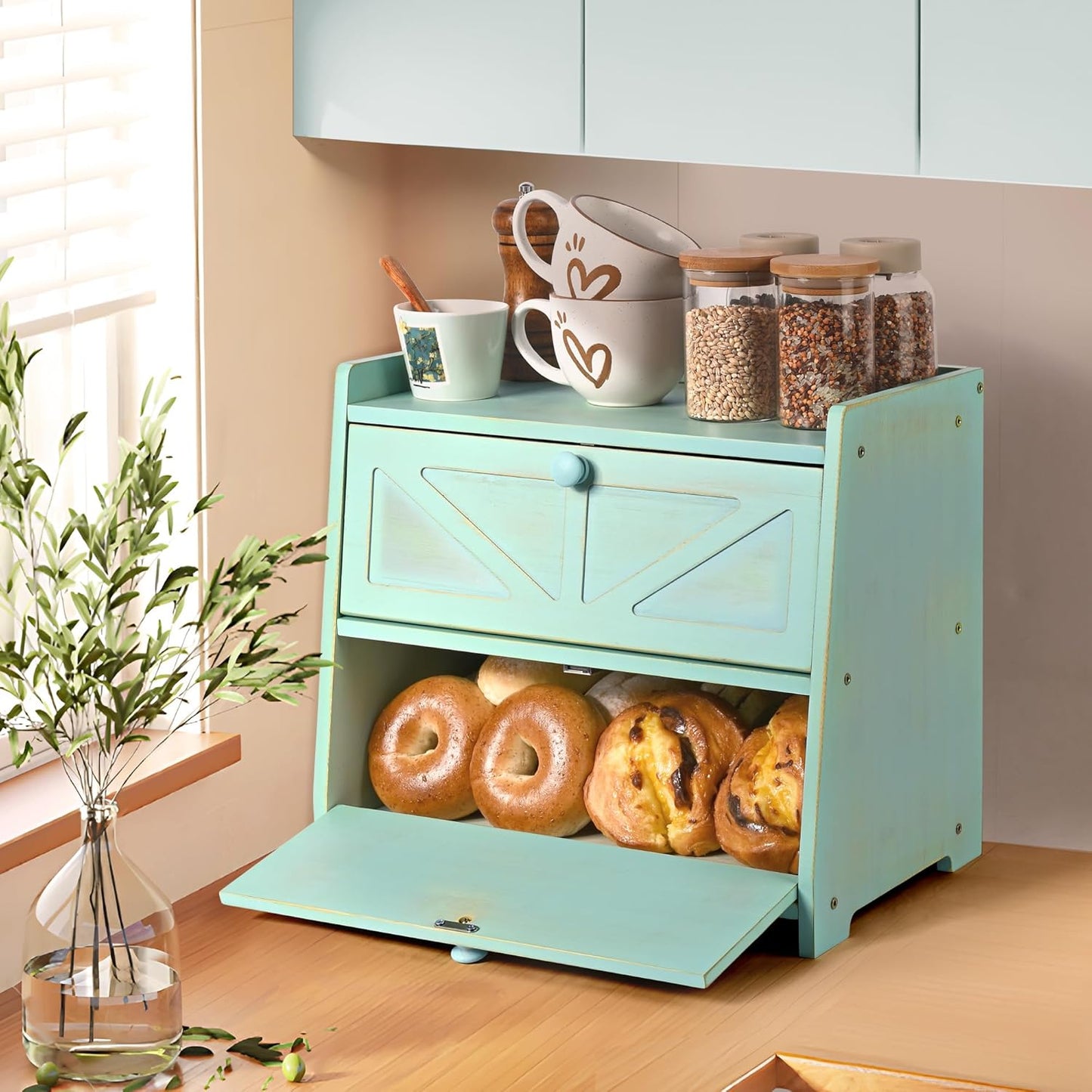 Vintage Double Layer Bread Box for Kitchen Countertop, Bamboo Bread Storage Container, Breadbox for Homemade Bread, Large Capacity Bread Bin(Green)