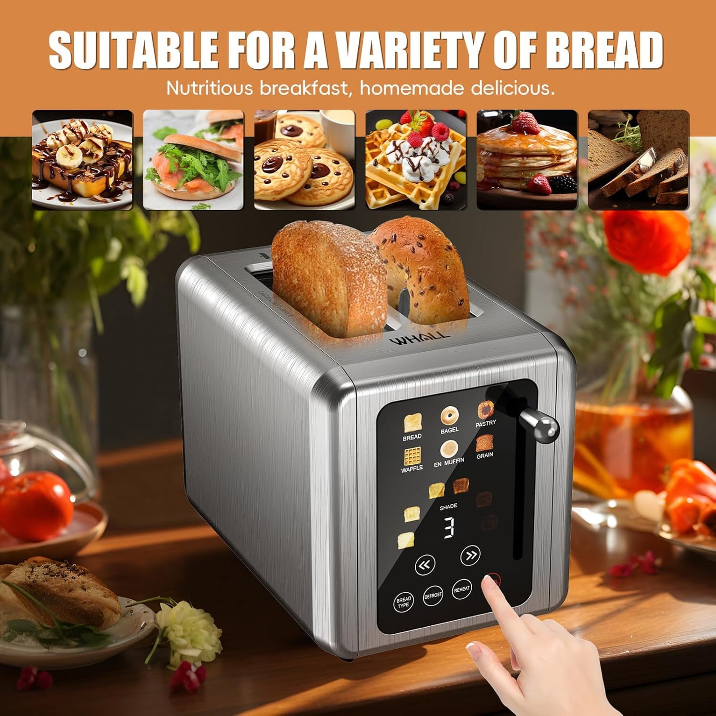 WHALL® Touch Screen Toaster 2 Slice, Stainless Steel Digital Timer Toaster, 6 Bread Types & 6 Shade Settings, Smart Extra Wide Slots Toasters With Bagel, Cancel, Defrost Functions