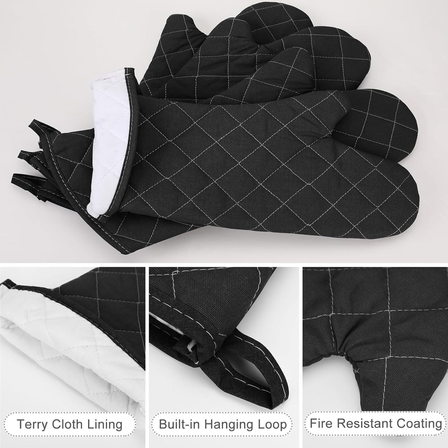2 Pairs 17 Inch Extra Long Oven Mitts Heat Resistant Cotton Lining Oven Thick Gloves Kitchen Food Service Mittens for Pot Holders Cooking Baking BBQ, up to 482f (Black)