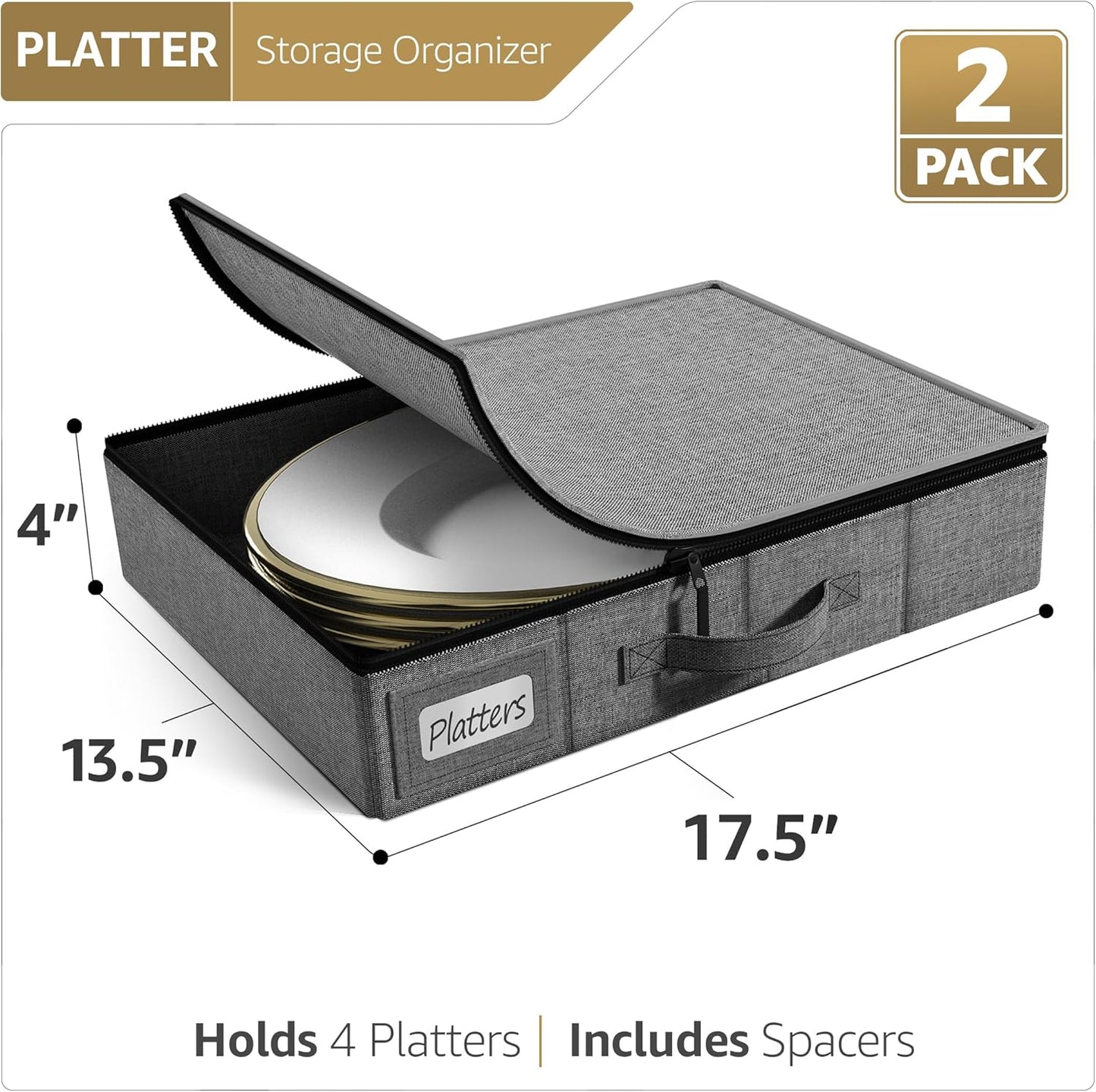 Sorbus China Storage Containers – Dinnerware Organizer for Platter Storage with Lid (Holds Service for 12) with Felt Protectors – 17" x 13" x 4" – 2 Pack