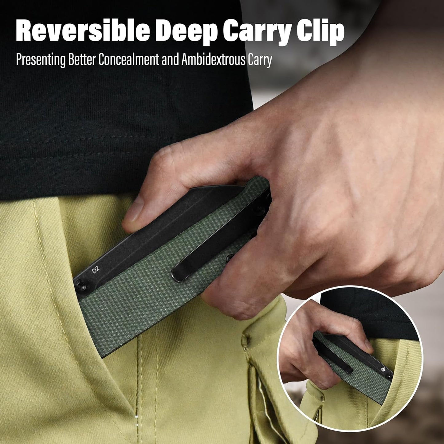 QSP Penguin V2 Folding Pocket Knife, 3.06" D2 Black Stonewash Blade EDC Knife, Green Micarta Handle, Liner Lock, Ceramic Ball Bearings, Reversible SS Deep Carry Clip