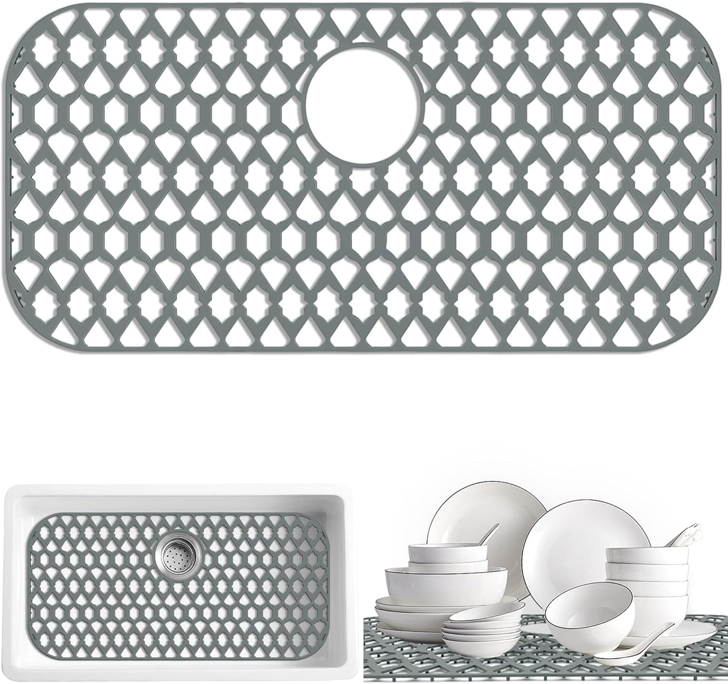 Sink Protectors for Kitchen Sink 13x11 &16x12 &19x14 &21x16 &22x13 &24x13 &26x14 &28x14 &30x16, Large Silicone Sink Mats Grid for Bottom of Farmhouse Sink (28”x14.4”, Rear Drain)