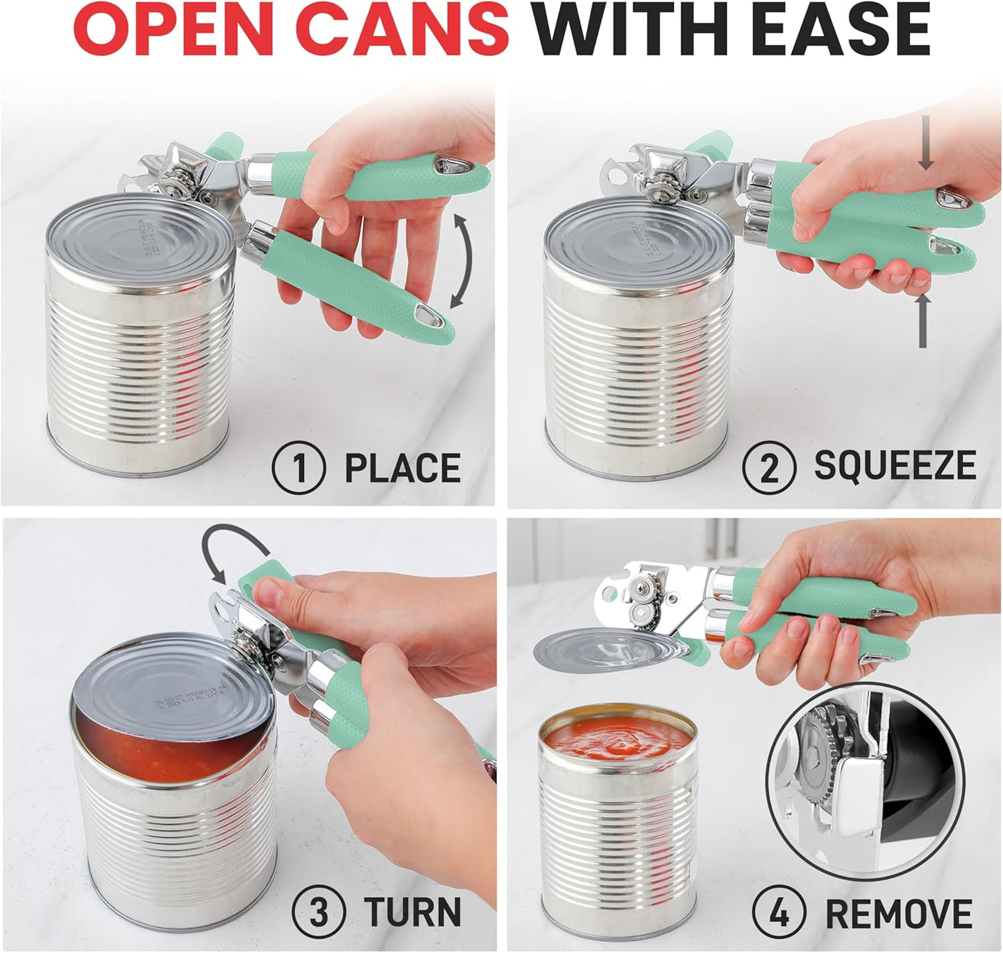 Zulay Kitchen Heavy Duty Stainless Steel Can Opener – Manual Can & Bottle Opener with Sharp Cutting Wheel & Soft Grip Handles – Ergonomic, Easy to Use Turn Knob - Mint