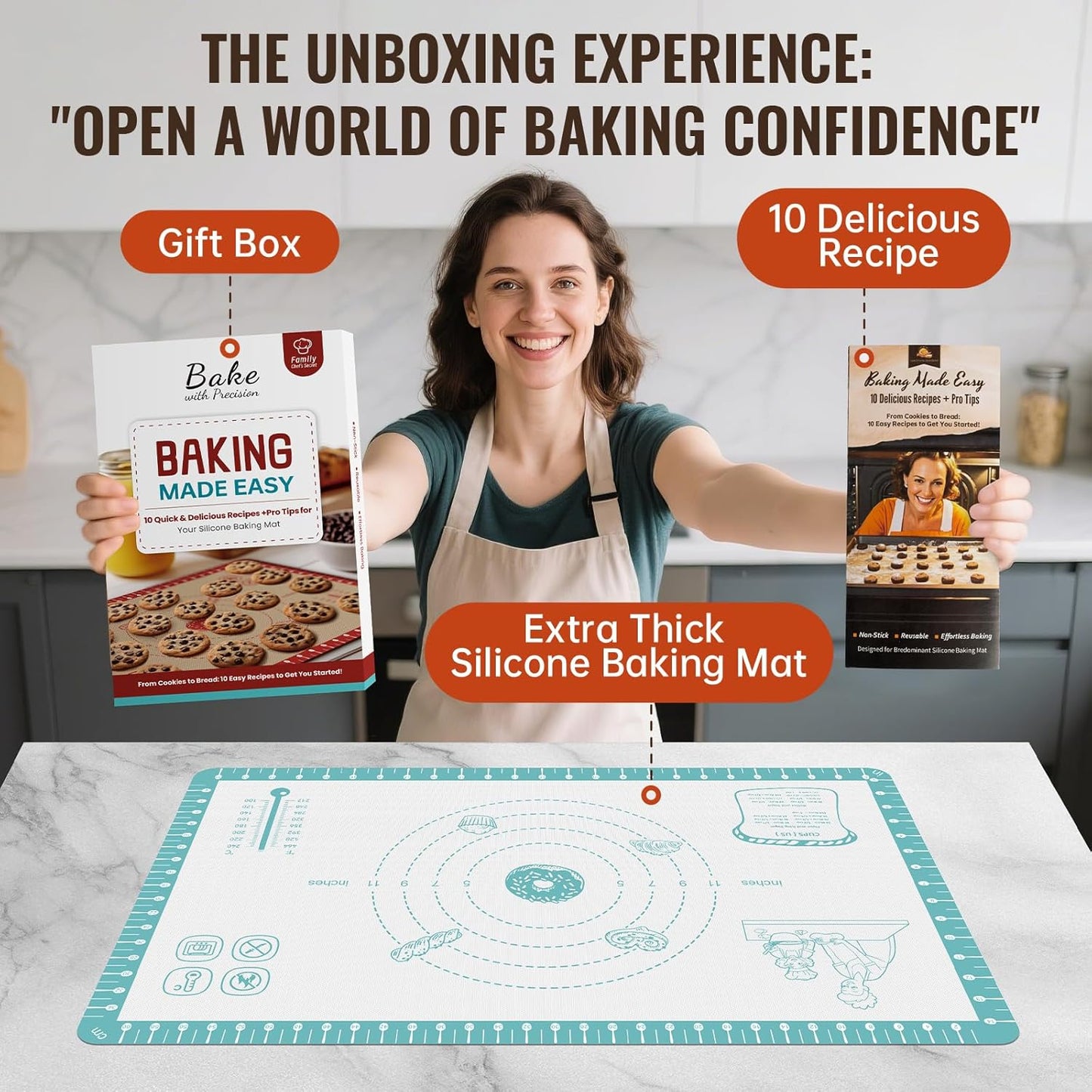 Non Stick Pastry Mat with 10 Quick Recipes, Silicone Dough Mat for Rolling, Silicone Mat for Baking Macaron, Cookie, Bread, Pizza,Surdough, Fondant Mat for Kitchen, Extra Large and Oven Safe