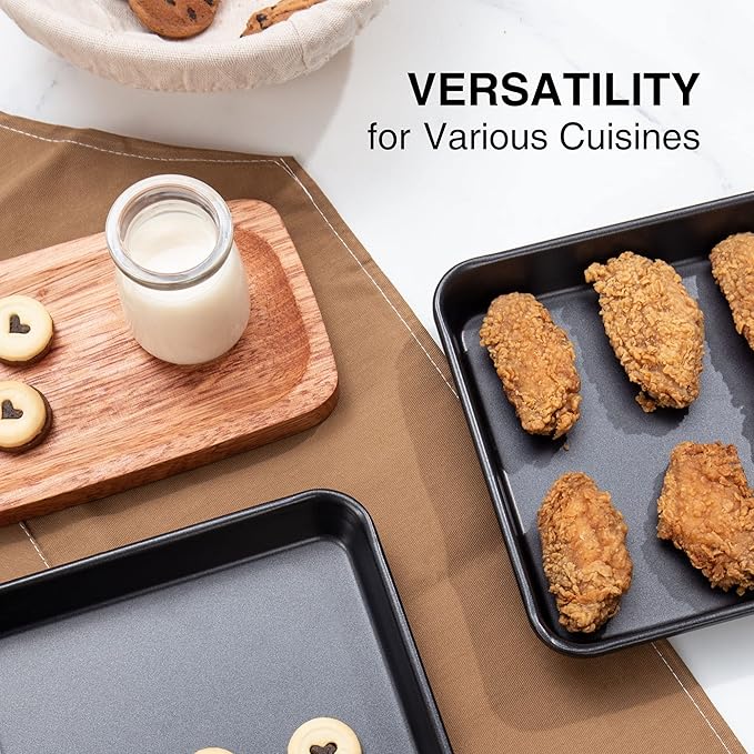 HONGBAKE 2 Pack 9.7X7.5" Toaster Oven Pans for Baking, 57% Thicker Nonstick 1/8 Cookie Sheet Pan Set, Small Baking Tray, Dishwasher Safe and Heavy Duty, Black