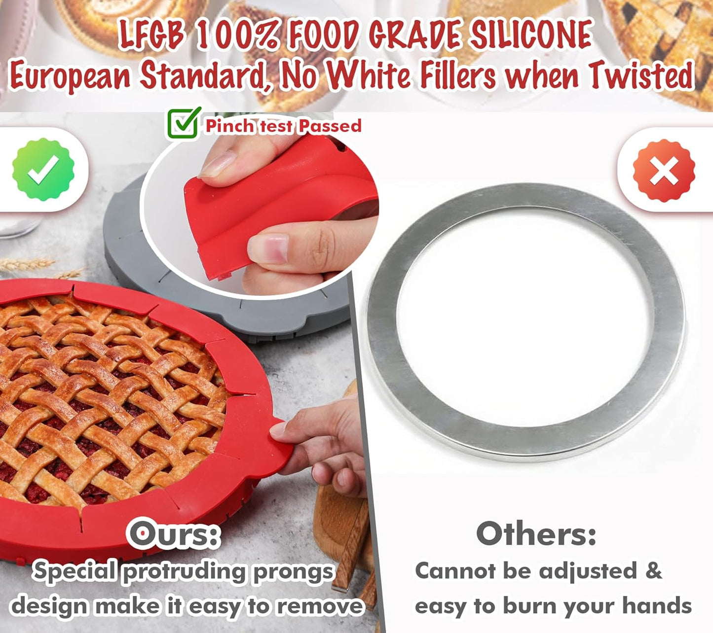 Webake Pie Crust Protector Shield Adjustable Pie Crust Shield Fits 11.5-9 Inch Pie Pan, European Food Grade Silicone Pinch Test Passed, for Baking Party Pie Tart, Pack of 2, Red and Grey