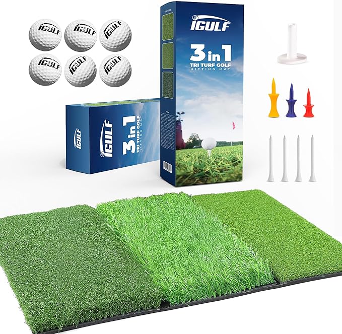 Tri-Turf 3-in-1 Golf Hitting Mat - XL 24"x24" Foldable Practice Pad w/Adjustable Tees, Non-Slip EVA Foam Base, Indoor & Outdoor Use for Chipping, Driving, Swing Training, Backyard or Garage