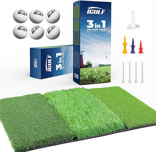 Tri-Turf 3-in-1 Golf Hitting Mat - XL 24"x24" Foldable Practice Pad w/Adjustable Tees, Non-Slip EVA Foam Base, Indoor & Outdoor Use for Chipping, Driving, Swing Training, Backyard or Garage