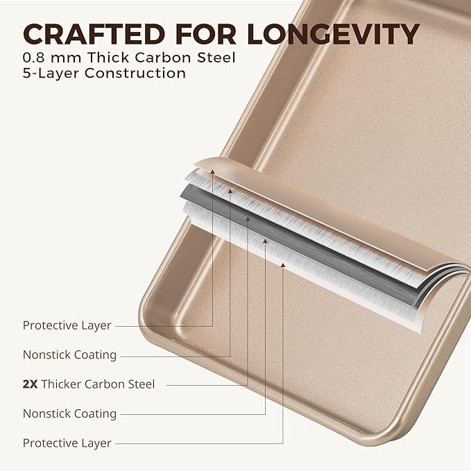 HONGBAKE 2 Pack 11 x 9 Inch Toaster Oven Pans and Trays, Small Baking Sheet Set for Cooking, Non-Stick Cookie Sheets, Heavy-Duty 0.8mm Thick, Easy to Clean, 1.26 Inch Deep, Gold