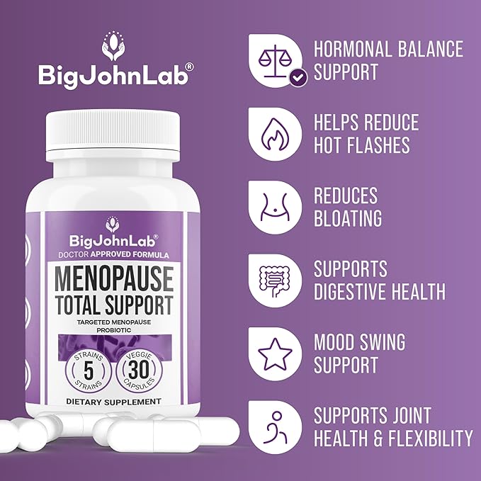 BIGJOHNLAB® - Menopause Total Support – Advanced Probiotic Formula with 5 Strains & 15 Billion CFU, Resveratrol, Black Cohosh, Acacia Fiber, Non-GMO & 100% Vegetarian