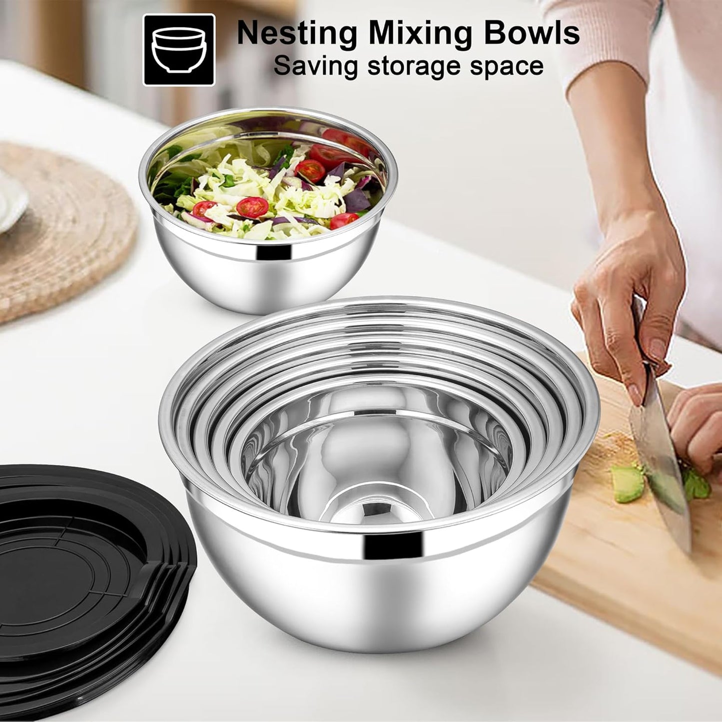 E-far Mixing Bowls with Lids Set, 21PCS Stainless Steel Salad Mixing Bowls with 3 Grater Attachments, Size 7, 4.6, 3.5, 2.6, 2, 1.5, 1QT, Nesting Design & Black Airtight Lid, For Baking/Prepping