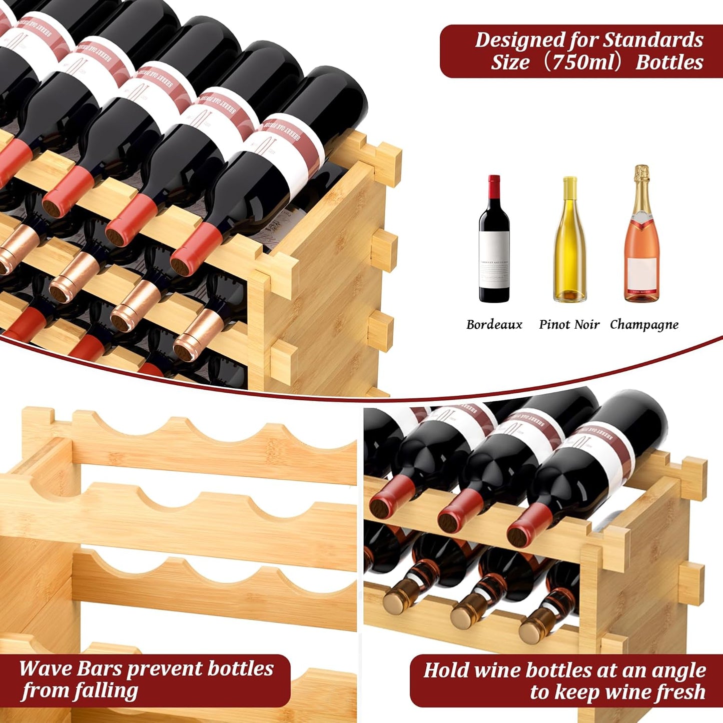 VASMIA Bamboo Stackable Wine Rack,72 Bottles Wine Rack Freestanding Floor,No Tools Assembly,8-Tier Display Wine Storage Shelf for Kitchen, Bar, Dining Room,Cellar,Natural