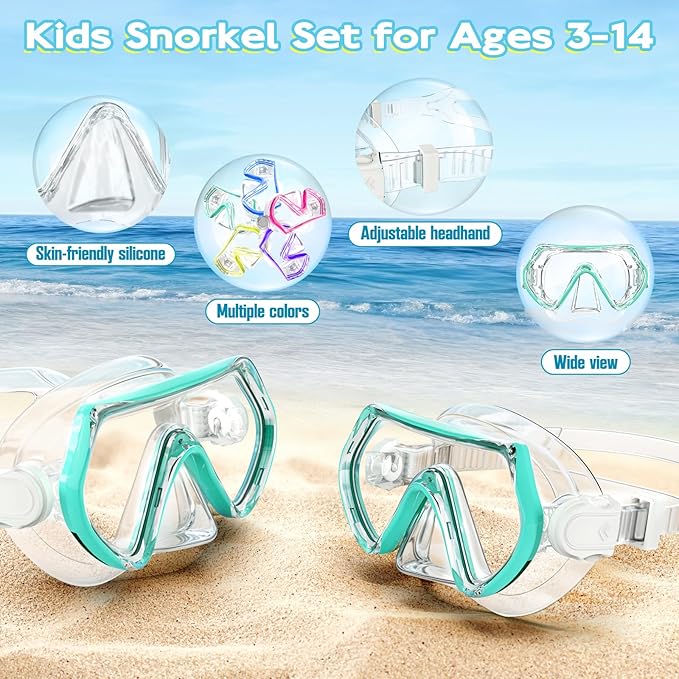 Snorkeling Gear for Kids, Kids Snorkel Set for Ages 3-14, Anti-Fog Diving Mask and Dry Top Snorkel Combo Set, Unisex Swimming Goggles