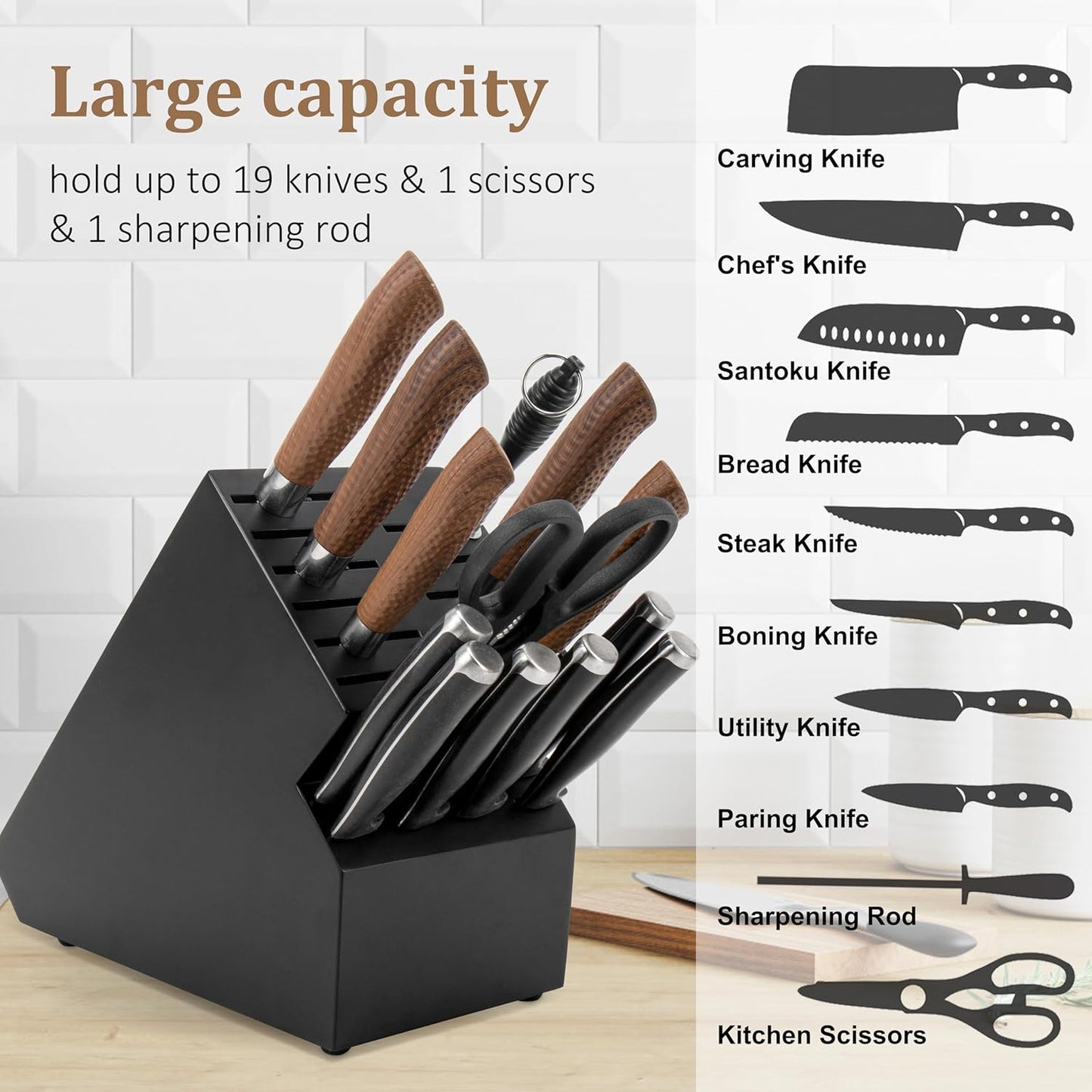 20 Slot Knife Block Storage without Knives,Acacia Wood Universal Knife Holder for Kitchen Countertop,Large Butcher Block Organizer,Easy Kitchen Knife Storage (Black)