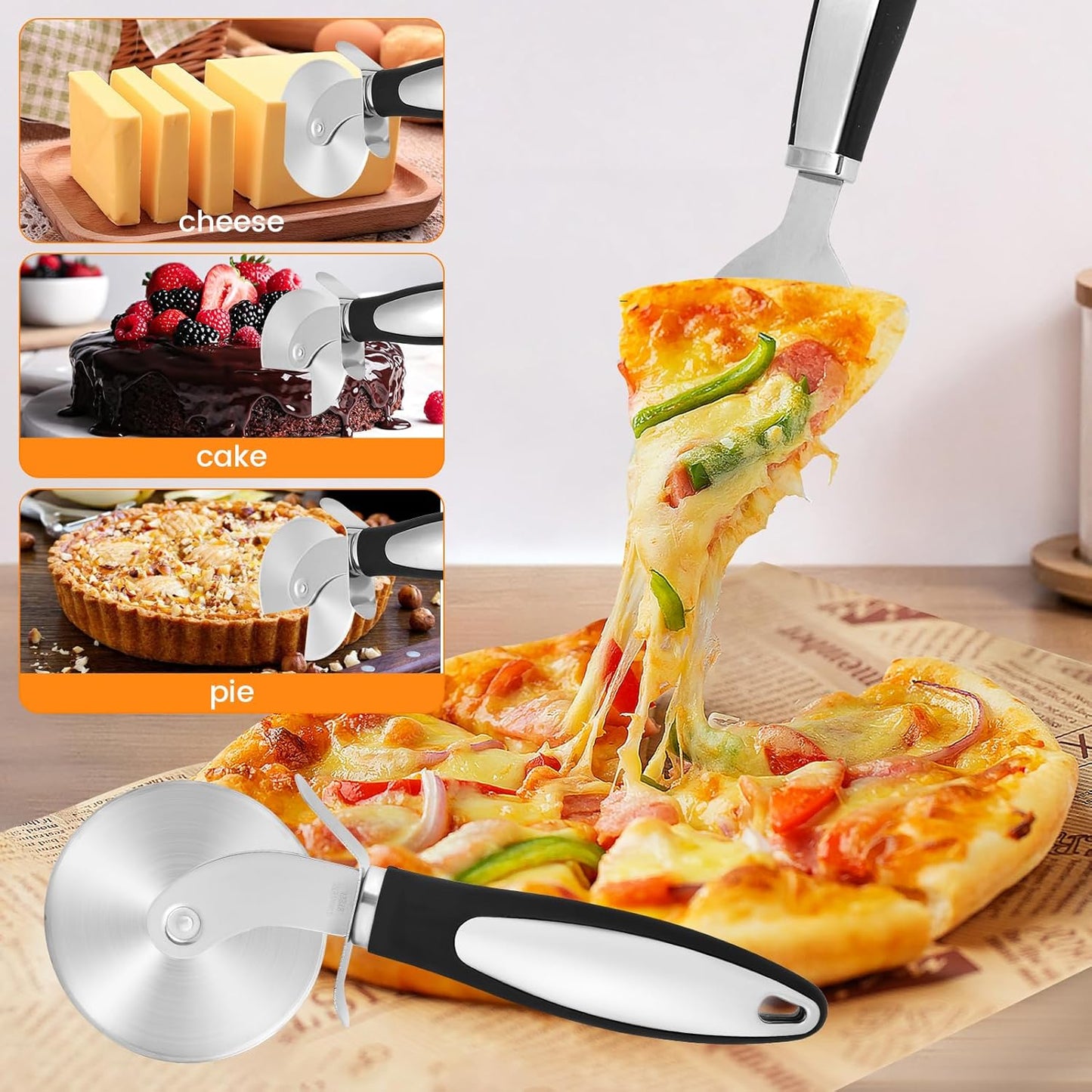SVNR Classic Pizza Cutter Set, Stainless Steel 8.5" Pizza Cutter Wheel and 10.5" Pie Server Set, 2PCS Pizza Wheel Cutter & Pie Server for Cutting and Serving Pizza