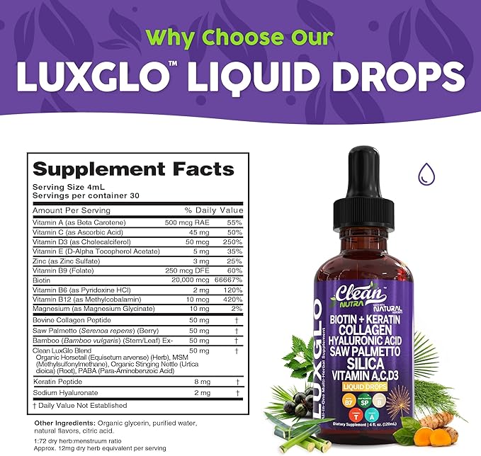 Biotin Liquid Drops Collagen Keratin Hyaluronic Acid Saw Palmetto for Hair Skin and Nails Silica Vitamin A C Vitamin D Bamboo Turmeric Zinc Folate Magnesium Horsetail LuxGlo by Clean Nutra