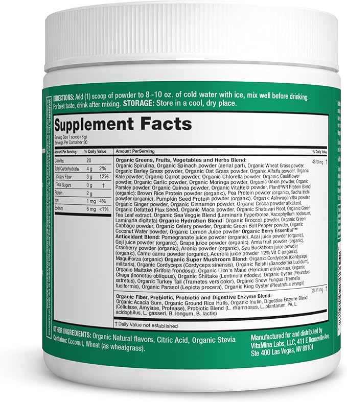 Zena Nutrition Organic Super Greens Powder, 70+ Superfoods, 0 Sugar, 3G Fiber, Spirulina, Chlorella, Antioxidants, Prebiotics/Probiotics, Digestive Enzymes, Mixed Berry, 30 Servings