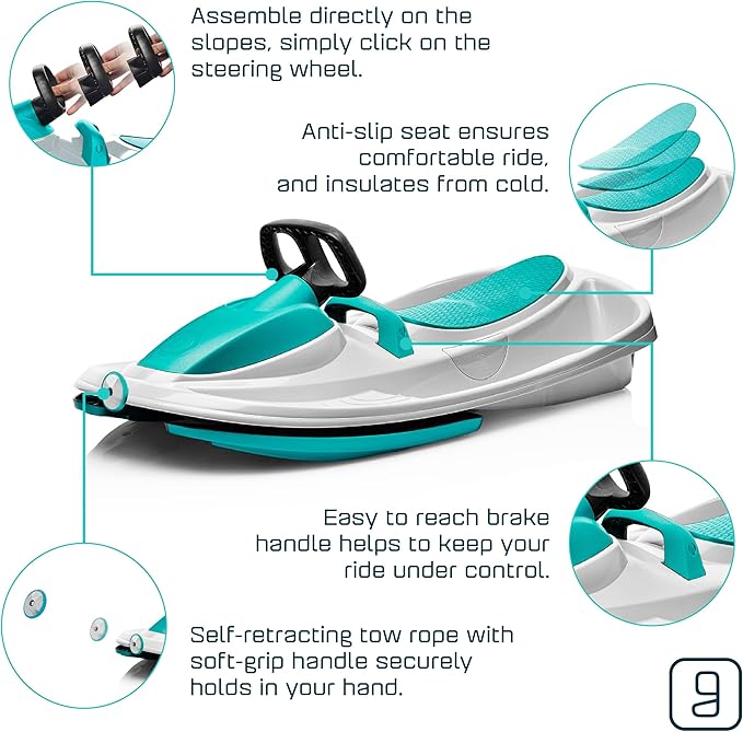 Snow Sled for Kids, Adults - Toboggan Sled, Easy Turning Steering Wheel, Anti-Slip Seat, Pull Up Brake, Durable Plastic Sled, Lightweight, Snow Sleds, Age 3+ 260 lbs