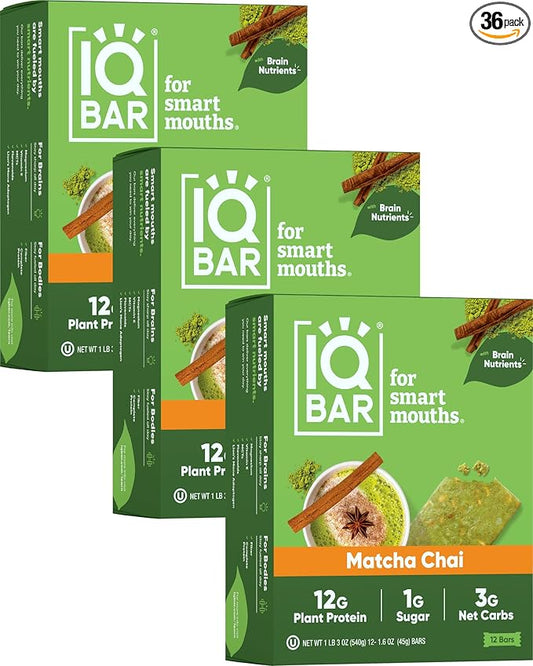 IQBAR Brain and Body Plant Protein Bars - Matcha Chai - 36-Count Low Carb - Gluten Free, High Fiber, Vegan Snacks - Low Sugar Meal Replacement