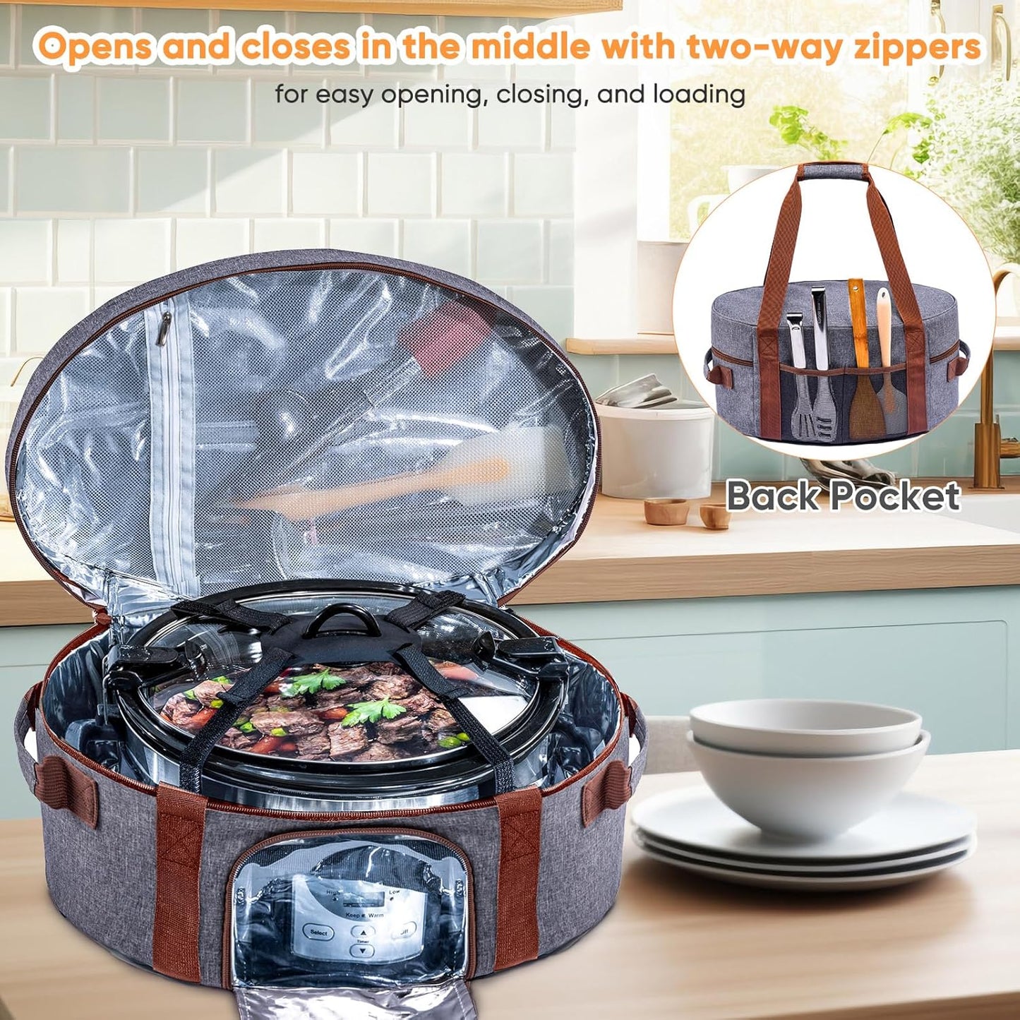 Insulated Slow Cooker Carrying Bag for 6-8 Quart CrockPot and Hamilton Beach Slow Cooker with See-thought Window, Portable Carrier Case with Adjustable Band and Accessory Pocket