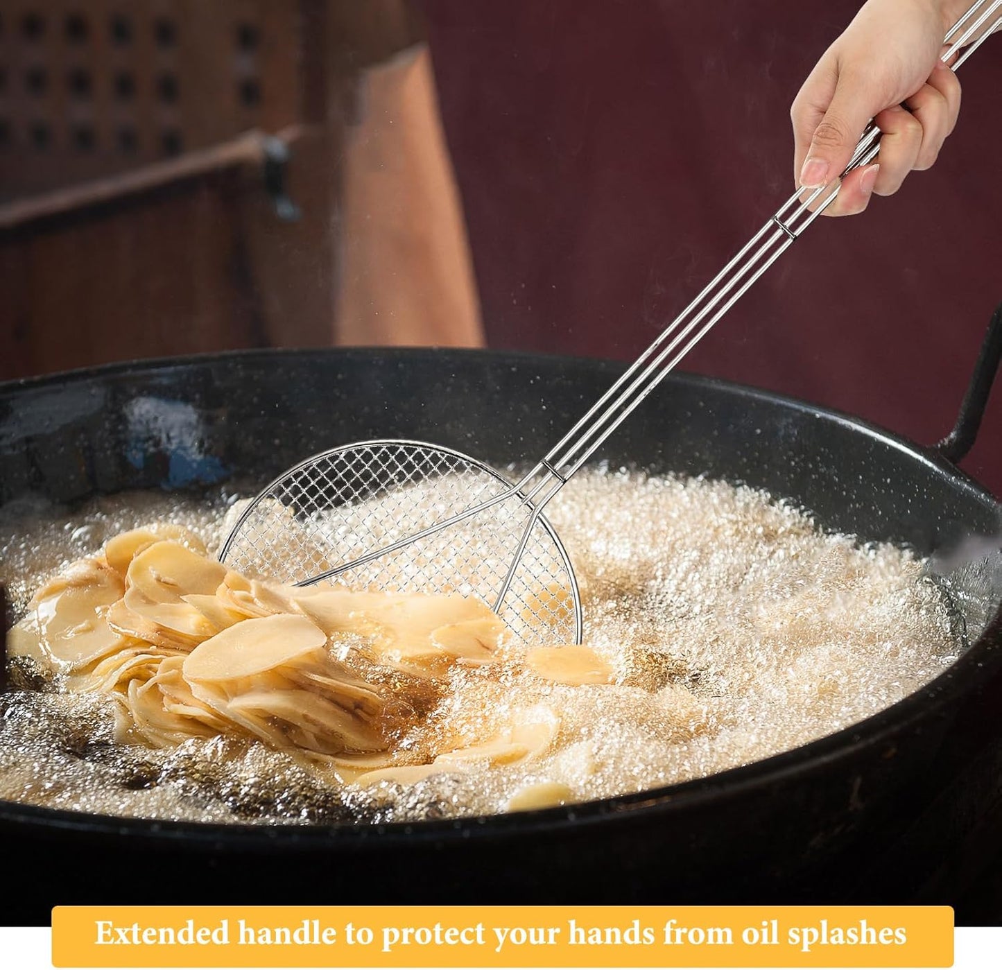 Baderke 2 Pcs 36 Inch Round Plated Wire Skimmer Stainless Steel Food Strainer Spoon Mesh Stirring Fryer Skimmer with Long Handle for Kitchen Fried Food Cooking Straining Frying