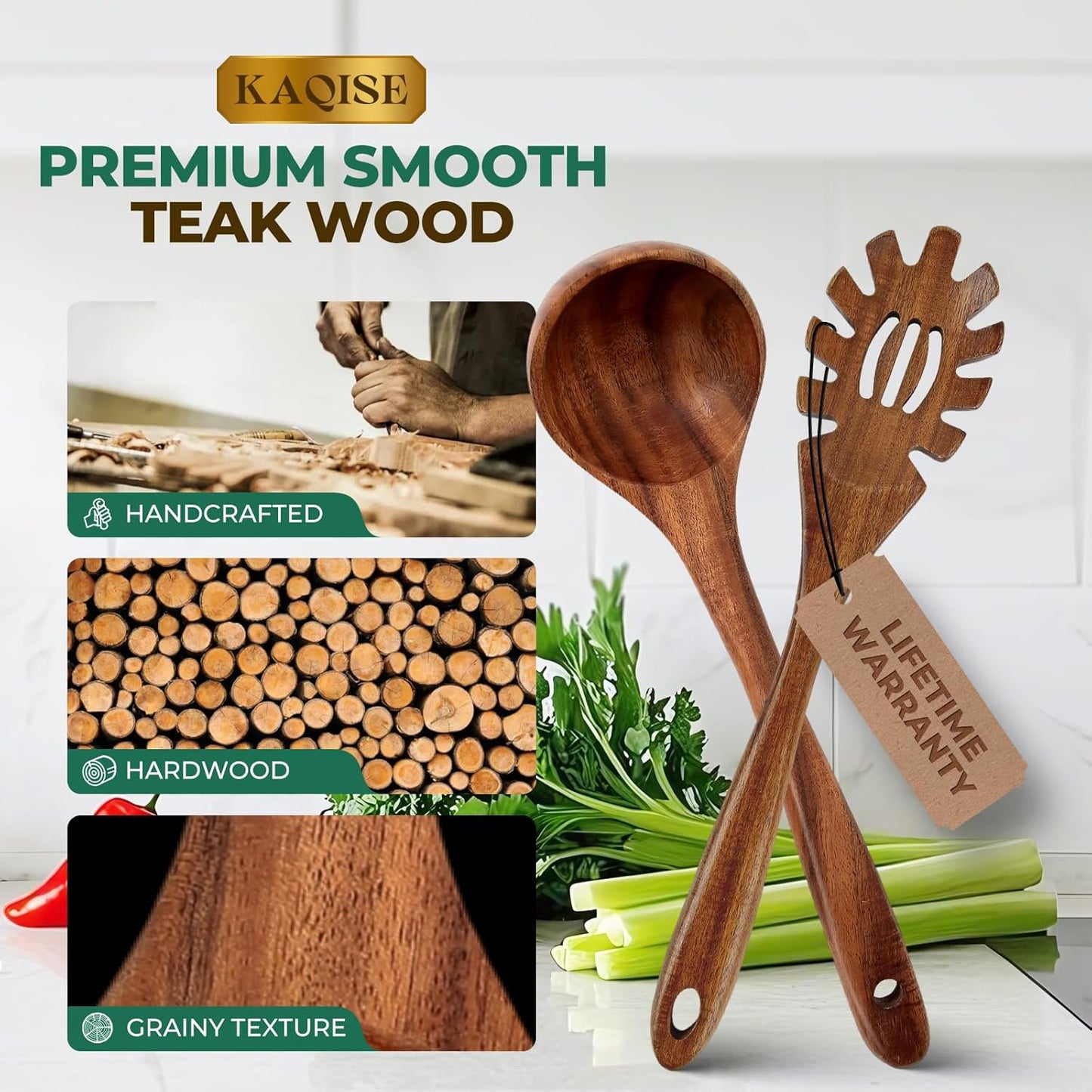 Wooden Spoons for Cooking, 2Pcs Wooden Kitchen Utensils, Wooden Pasta Fork and Ladle for Spaghetti, Nostick Teak Wood Utensil Set for Cooking (Ladle & Spaghetti Server)