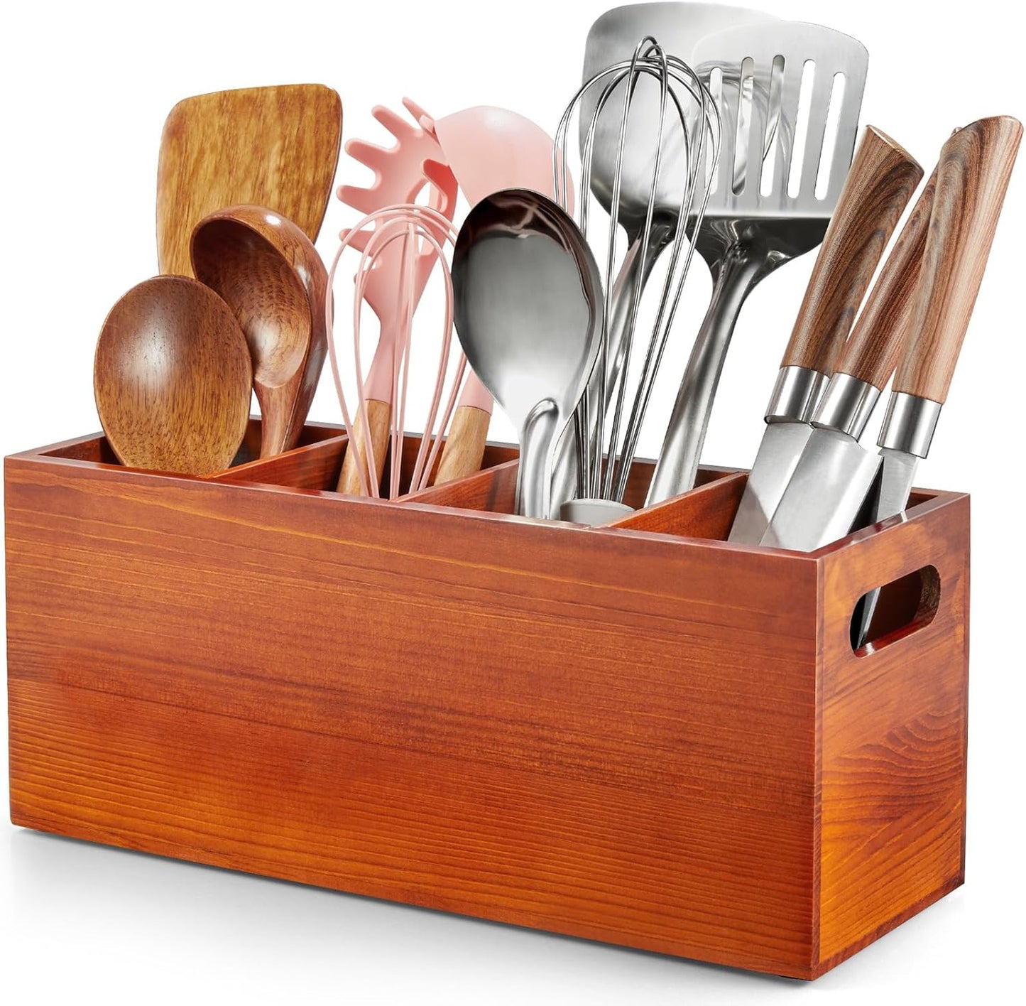 ALELION Large Utensil Holder with Removable Divider - 4 Compartment Wooden Utensil Caddy Organizer for Kitchen Counter - Brown Cooking Utensil Crock for Countertop
