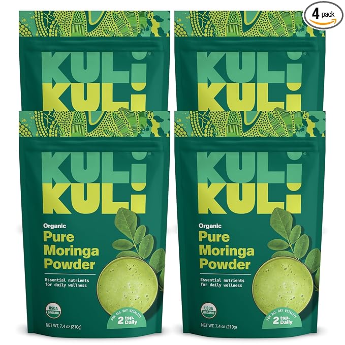 Kuli Kuli Moringa Oleifera Organic Leaf Powder & Green Smoothie, 100% Pure USDA Certified & Non-GMO Moringa Powder, Great with Smoothies, Tea, and Food, 4 Pack