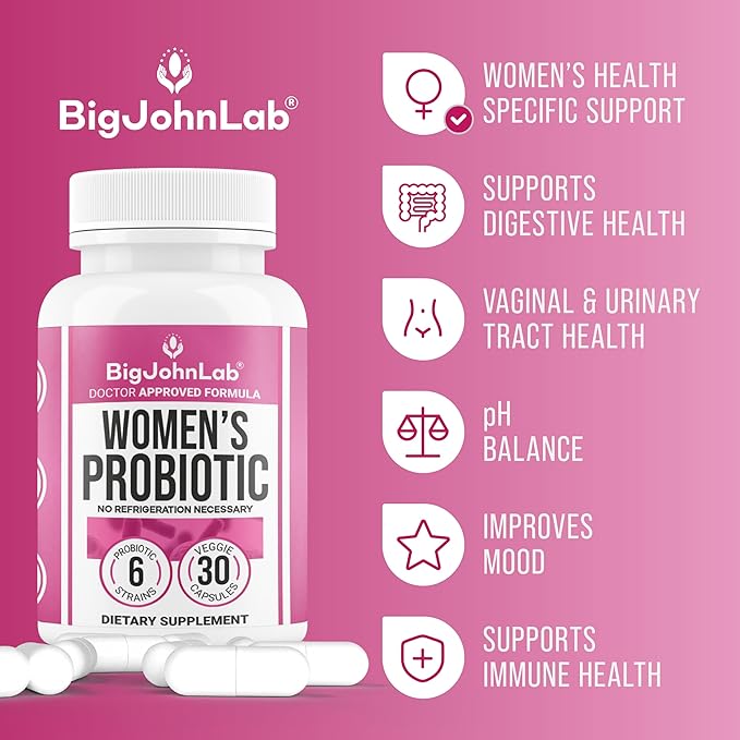 BIGJOHNLAB® - Women's Probiotic Supplement – 50 Billion CFU, 6 Active Strains + Prebiotics – Supports Digestion, Immunity & Wellness – Acid-Resistant, Dairy & Sugar Free, No Refrigeration, 30 Capsules