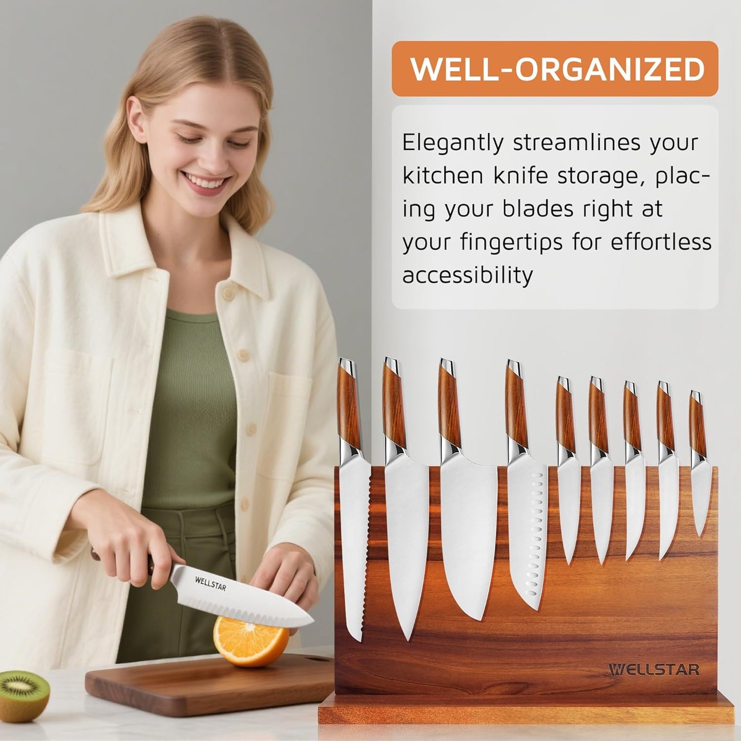 Modern Acacia Magnetic Knife Block Holder 16 x 10 Inches, Extra Large Dual-Sided Strong Magnet Wood knives Stand, Luxurious Kitchen Counter Rack Organizer for a Stable and Stylish Cutlery Display