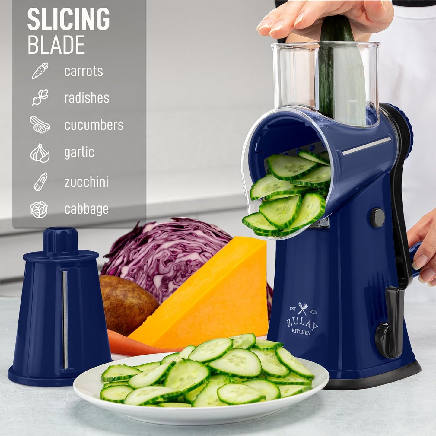 Zulay Kitchen Rotary Cheese Grater 5 Blade Cheese Shredder - Manual Hand Crank Cheese Grater With Reinforced Suction & 5 Interchangeable Drums - Easy to Use, Vegetable Chopper Round Mandoline Slicer