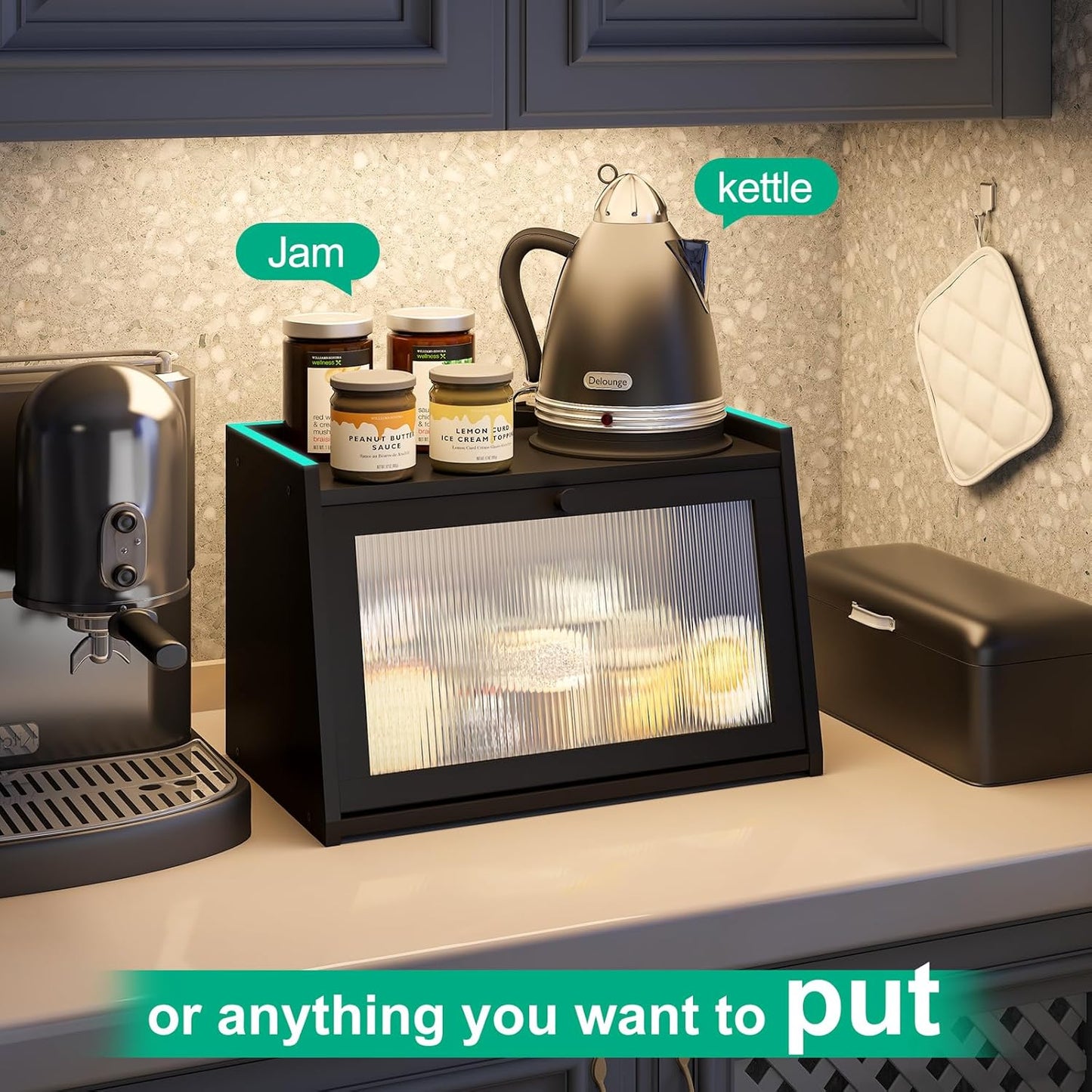 Bread Box for Kitchen Counter, Large Bamboo Bread Storage Container with Wavy Arcylic Door, Bamboo Wooden Farmhouse Bread Box for Your House (Black, Medium)