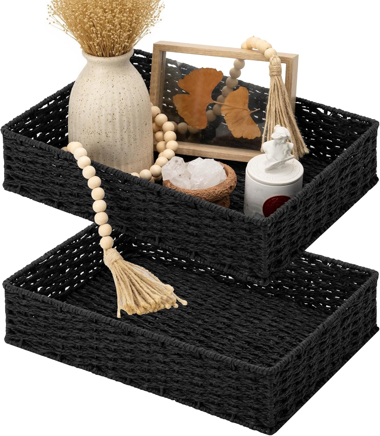 StorageWorks Bathroom Vanity Tray for Countertop, Bathroom Counter Tray for Decorative, Toilet Paper Baskets, Black, Larger, 2 Pack