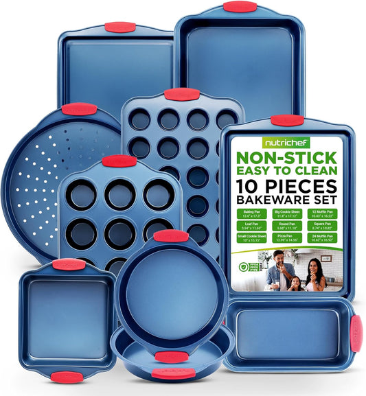NutriChef 10-Piece Nonstick Bakeware Set - Premium Carbon Steel Baking Pans w/Silicone Handles - Includes Pizza Tray, 12 & 24 Cup Muffin Pans, Cookie Sheets, Round & Square Pans, Loaf Pan - Blue