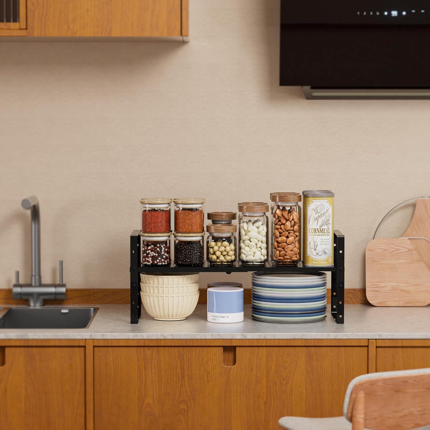 Expandable Shoe Rack Stackable Metal Pantry Storage Shelves Stand Adjustable Height Cabinet Shelf Organizer Racks Spice Shelving(1PACK/BLACK,LARGE)