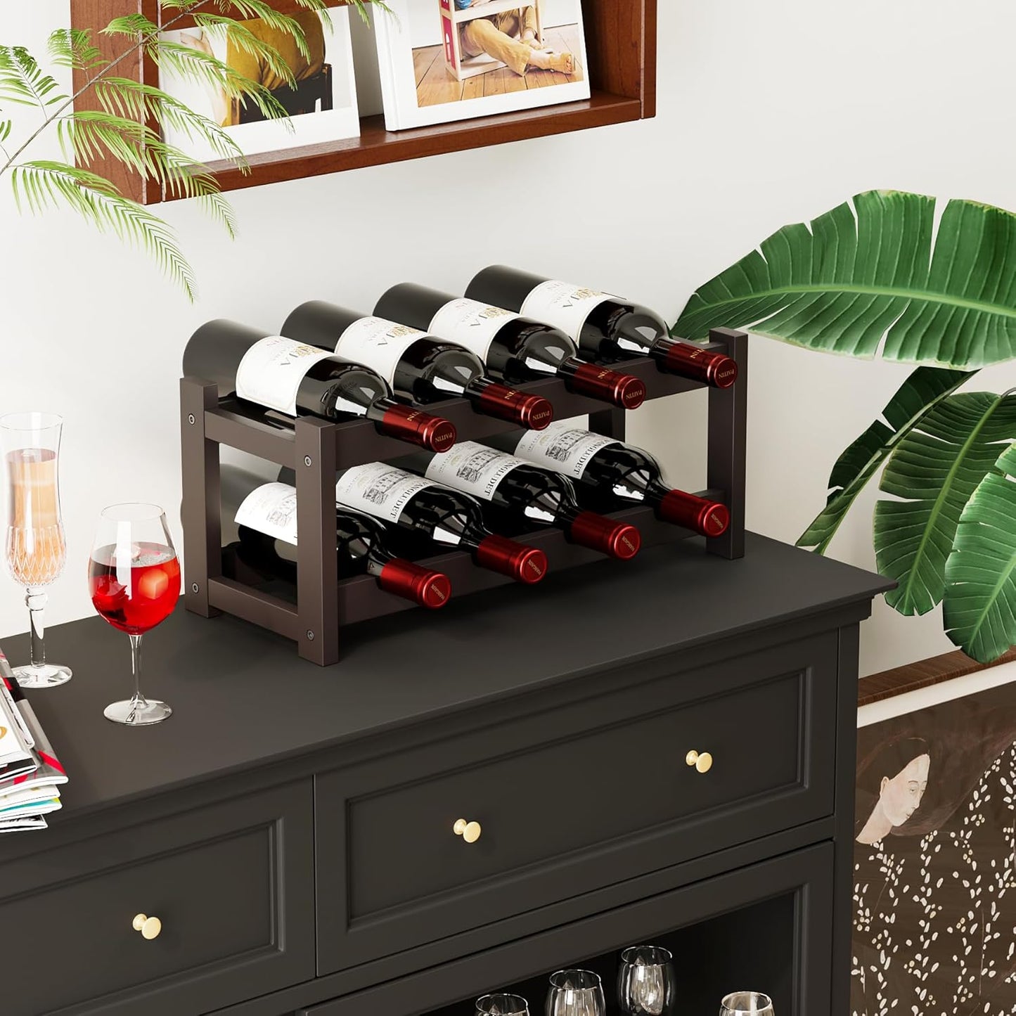 BAMEOS Bamboo Wine Rack, 2 Tier Wine Racks Countertop Storage, Wine Bottle Holder Wine Rack freestanding Floor for Kitchen, Bar, Pantry, Wine Cellar, Basement,Study, (16.85 L x 9.25W x 7H) Espresso