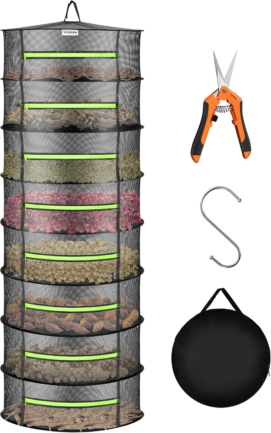 VIVOSUN 8-Layer Mesh Drying Rack Hanging Design with Green Zippers for Dehydrating, Indoor and Outdoor Pruning Shears Included