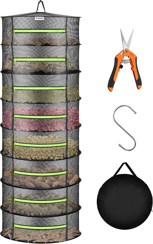 VIVOSUN 8-Layer Mesh Drying Rack Hanging Design with Green Zippers for Dehydrating, Indoor and Outdoor Pruning Shears Included