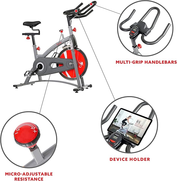 Sunny Health & Fitness Indoor Cycling Exercise Bike w/Adjustable Cushion Seat & Multi-Grip Handlebar, Stationary Workout Equipment For Adult Cardio Training, Optional Free SunnyFit App Connection