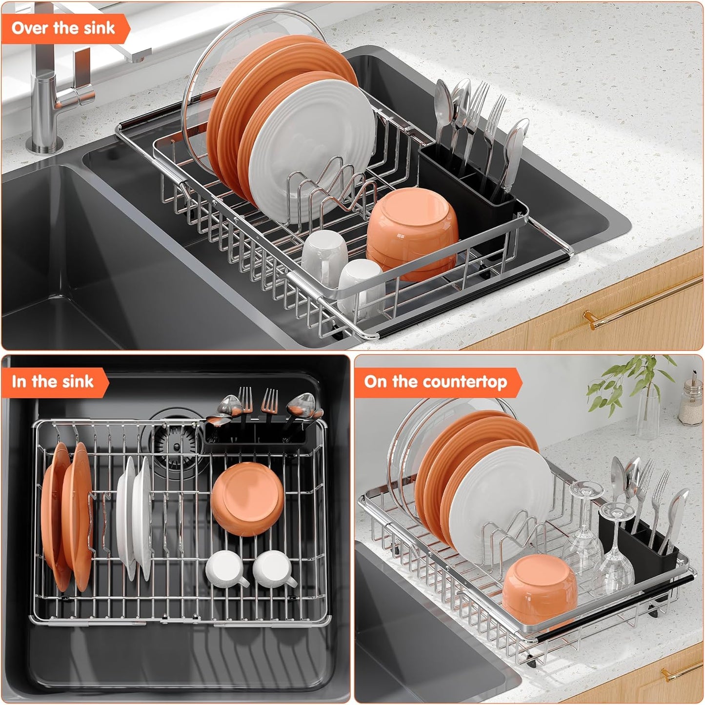 Small Expandable Over The Sink Dish Drainer Drying Rack In Stainless Steel Metal For Kitchen, Counter Space Saving Compact Above Plate Dryer Strainer, Adjustable Hanging Inside Sink Wire Drain Holder