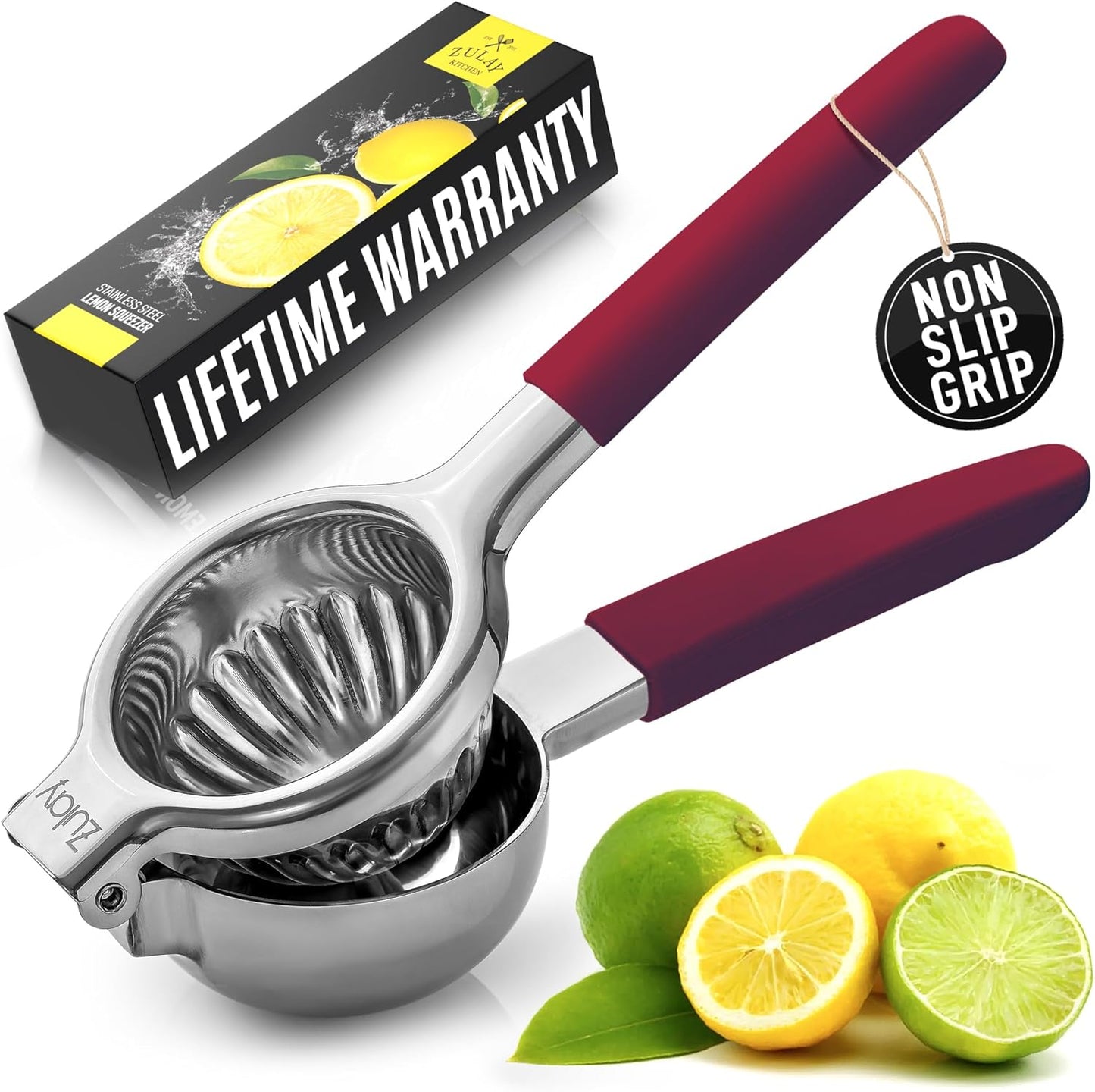 Zulay Lemon Squeezer Stainless Steel with Premium Heavy Duty Solid Metal Squeezer Bowl and Food Grade Silicone Handles - Large Manual Citrus Press Juicer and Lime Squeezer Stainless Steel (Cranberry)