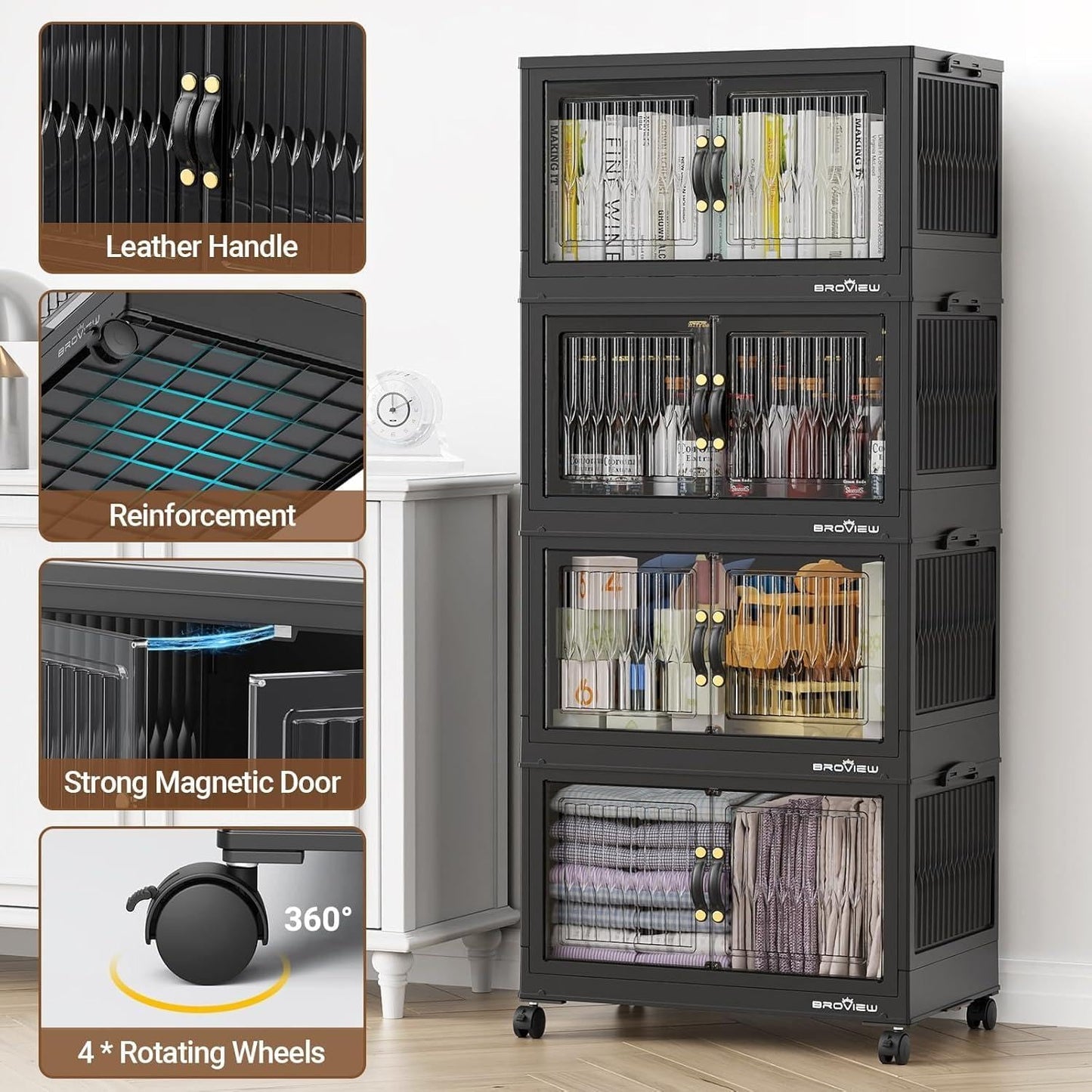 400Qt Stackable Storage Bins with Lid, Extra Large Closet Organizer Collapsible Drawer Boxes with Wheels, Folding Plastic Cabinet Containers for Home Kitchen Room Organization, 5Pack Black