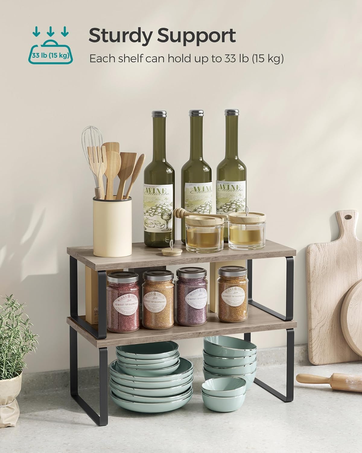 SONGMICS Cabinet Organizer Shelf, Set of 2 Kitchen Counter Shelves, Kitchen Storage, Spice Rack, Stackable, Expandable, Metal and Engineered Wood, Ink Black and Heather Greige UKCS200X02