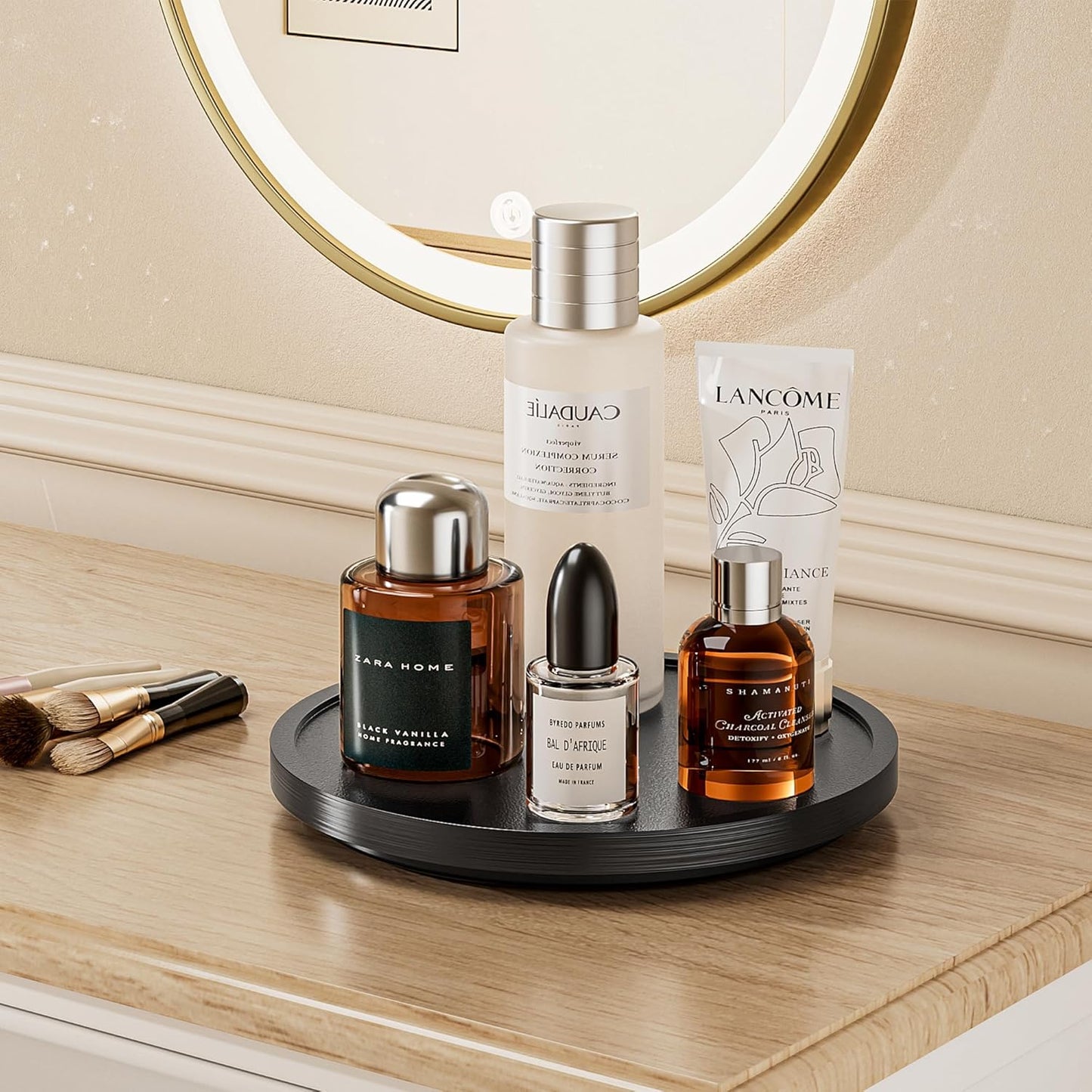 LAMU 12' Wood Lazy Susan Organizer Turntable for Cabinet, Lazy Susan for Table Top, Pantry, Kitchen, Bathroom, Countertop, Rotating Spice Organizer, Vanity Decor Tray, Pine Wood, Black