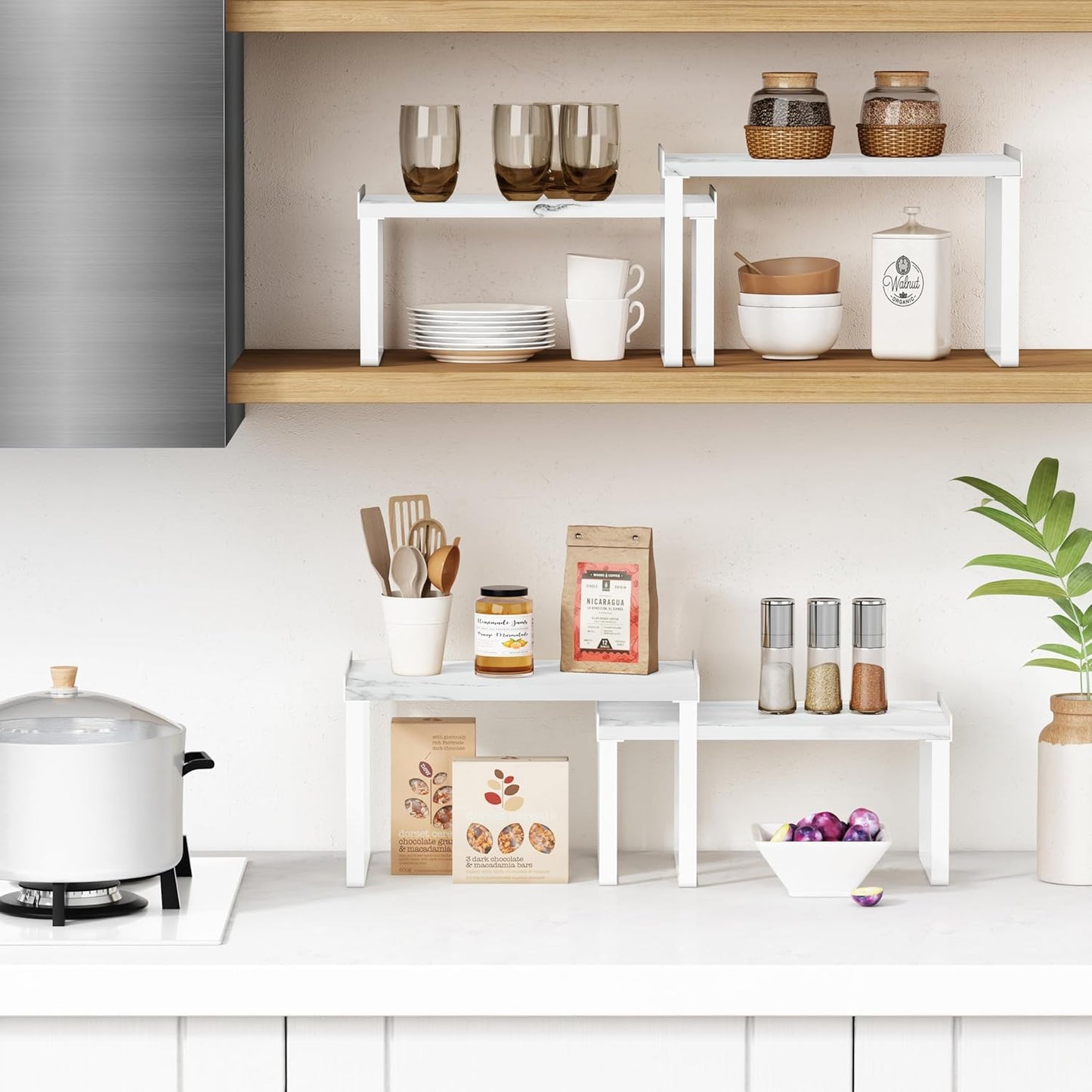 White Marble Kitchen Counter Shelf Organizer, Modern Dish Plate Organizer for Cabinet Space Saver, Small Wood Stackable 2 Tier Office Desktop Shelf Risers for Books Monitor - Set of 4