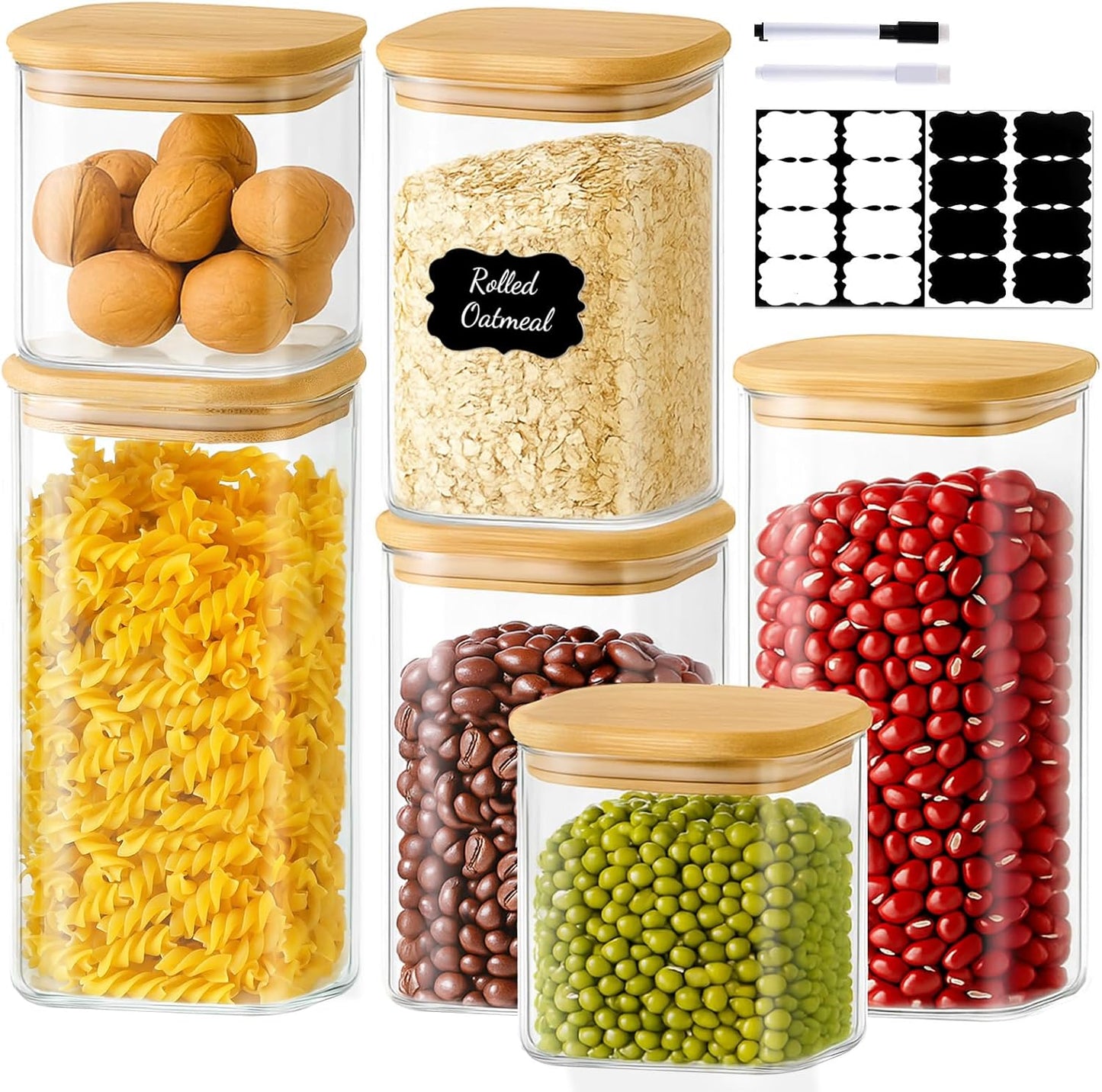 6 Pack Square Glass Storage Containers with Bamboo Lids (24oz/37oz/51oz) – Clear Food Airtight Canisters Sets for The Kitchen, Glass Jars for Coffee Beans, Coffee, Flour, Snacks, Spices