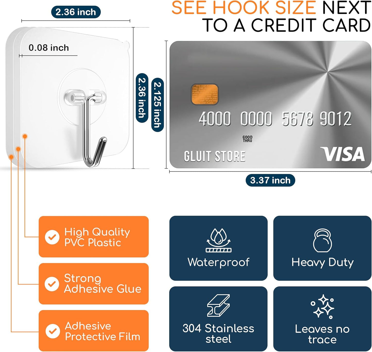 GLUIT Adhesive Wall Hooks for Hanging Heavy Duty 22 lbs Hooks for Walls No Damage, Towel Sticky Clear Hook, Waterproof, Home, Bathroom, Kitchen, Office, and Outdoor 6 Pack