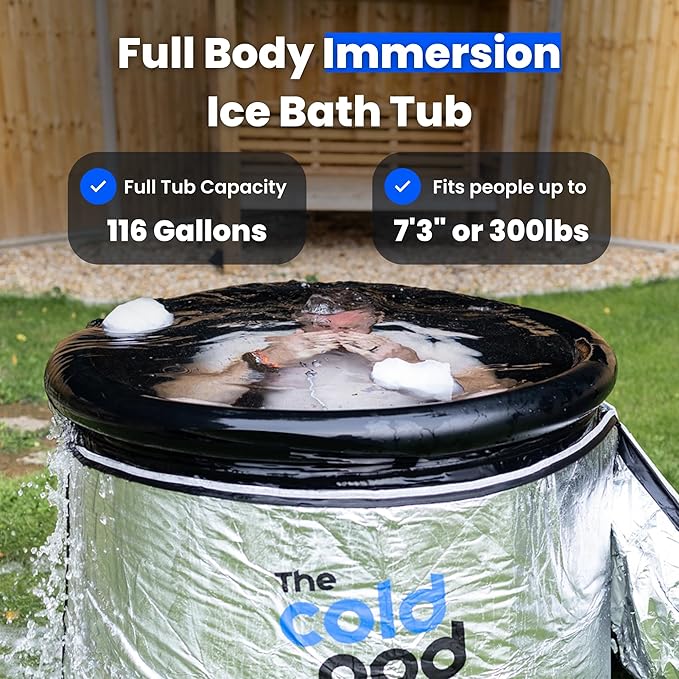 The Cold Pod Insulated XL Cold Plunge Tub Bundle - 116 Gal Ice Bath Round Tubs with Energy Saving Multi-Layer Cover - Chiller Compatible&Silver Reflective