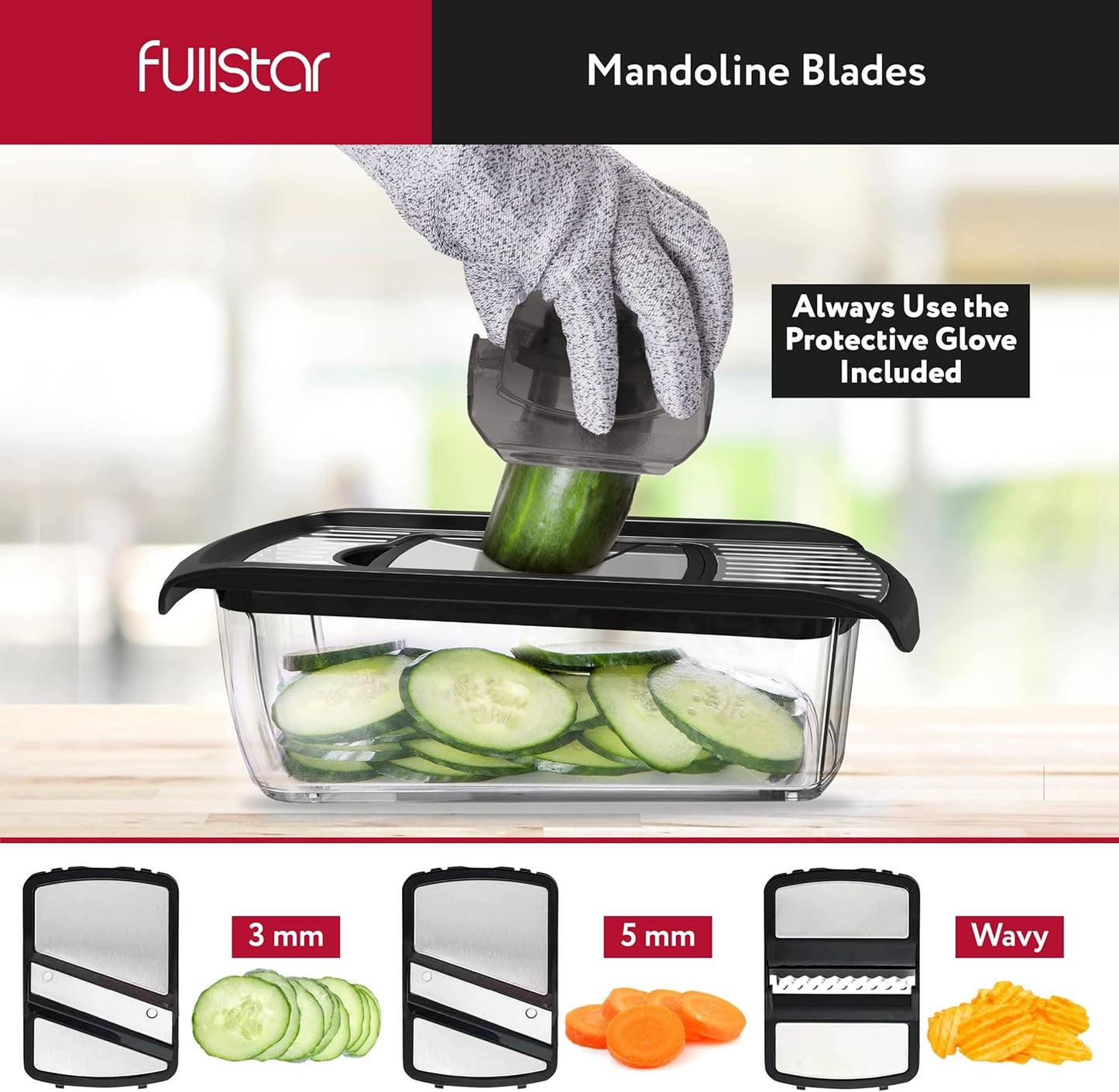 Fullstar Mandoline Slicer for Kitchen, Fruit Cutter, Cheese Grater, Cucumber Slicer, Veggie Spiralizer, Food Cutter & Kitchen Gadgets with Safety Glove (11 in 1, Stainless Steel)